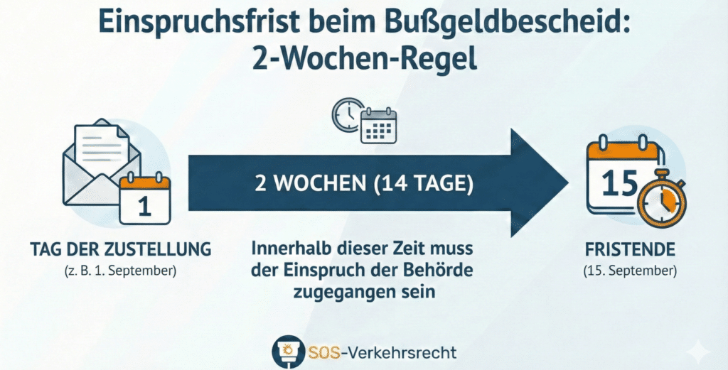 Diese Infografik veranschaulicht die Einspruchsfrist gegen einen Bußgeldbescheid von zwei Wochen.